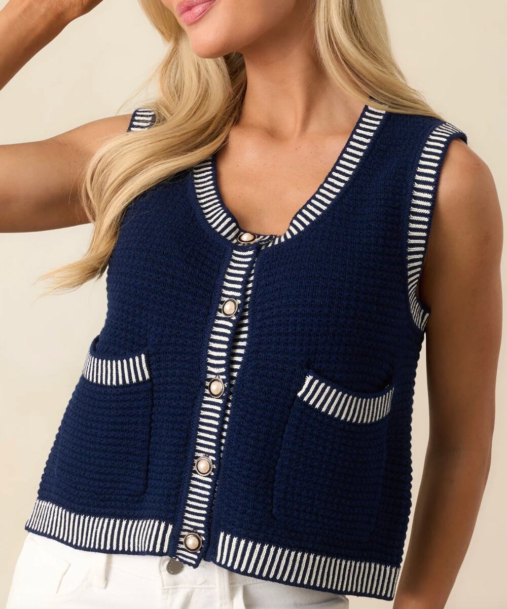 Umgee Navy Blue Knit Sweater Vest Pearl Button Pockets Size Small NWT